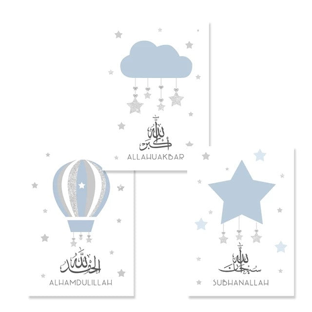 Blue & Silver Islamic Nursery Canvas With Cartoon Art