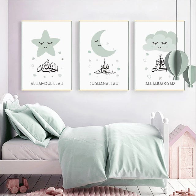 Green Baby Moon Star Cloud Cartoon Islamic Nursery Canvas