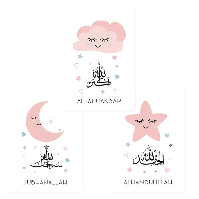 Pink Moon Star Cloud Cartoon Islamic Nursery Canvas