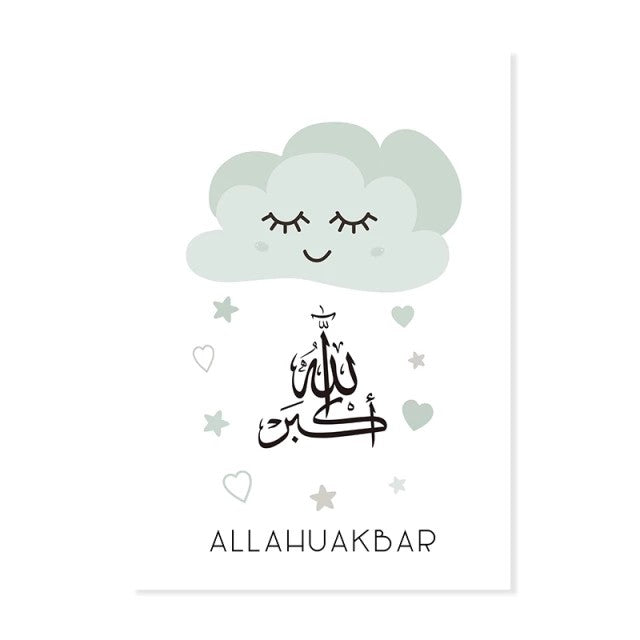 Green Baby Moon Star Cloud Cartoon Islamic Nursery Canvas