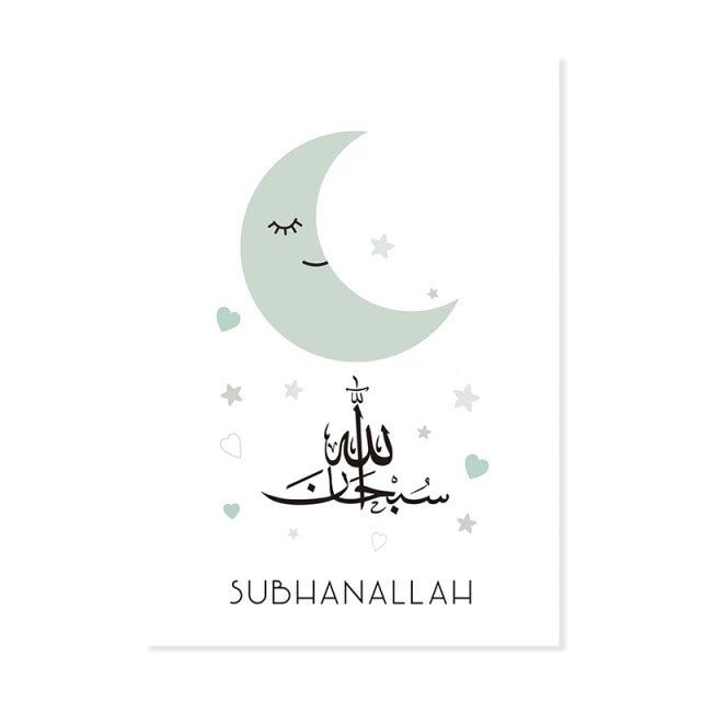 Green Baby Moon Star Cloud Cartoon Islamic Nursery Canvas