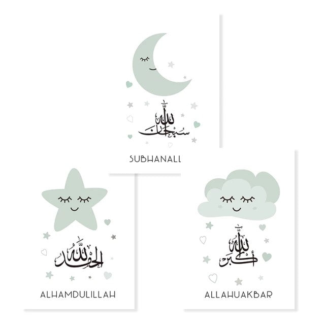 Green Baby Moon Star Cloud Cartoon Islamic Nursery Canvas