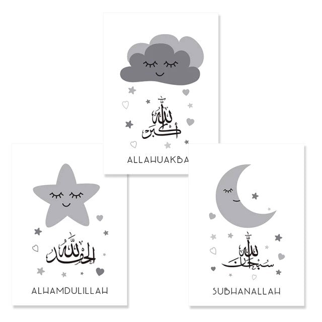 Black Charcoal Moon Star Cloud Cartoon Islamic Nursery Canvas