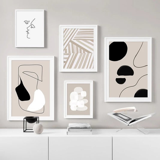 Minimalist Abstract Line Art In Beige White And Black Wall Art