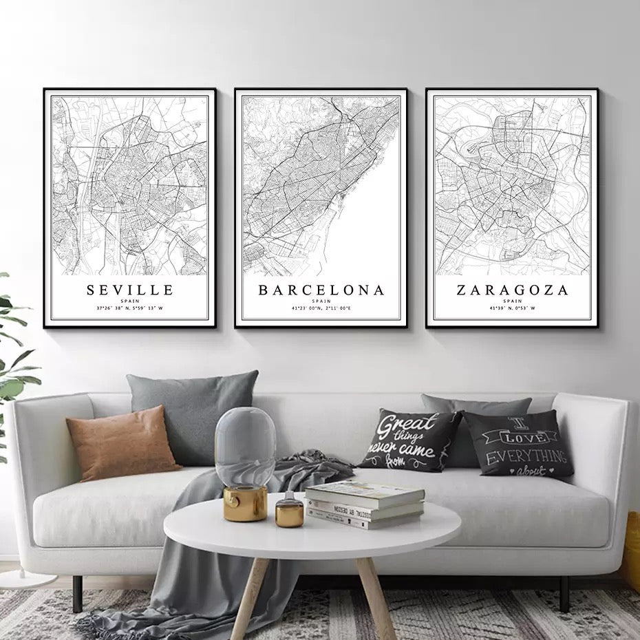 Spanish City Maps Black And White Birds Eye Canvas Print