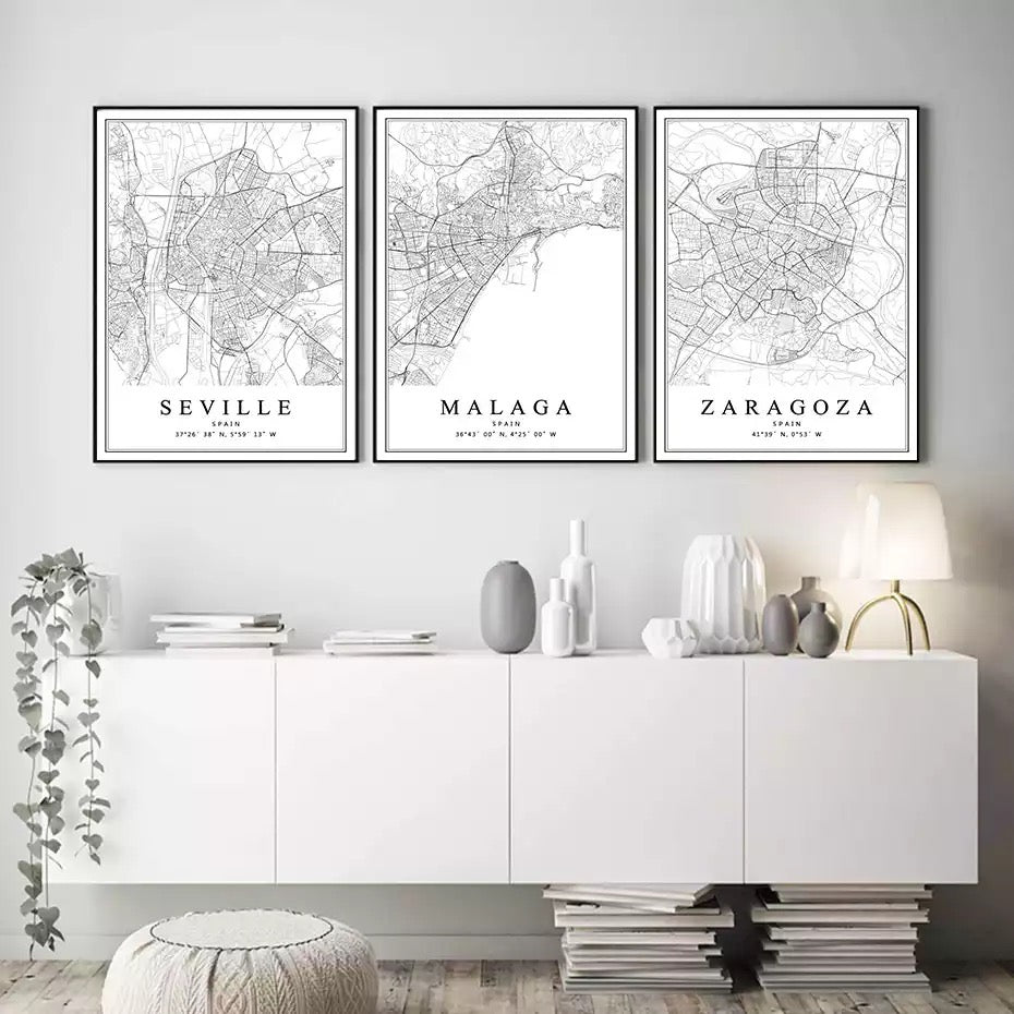 Spanish City Maps Black And White Birds Eye Canvas Print