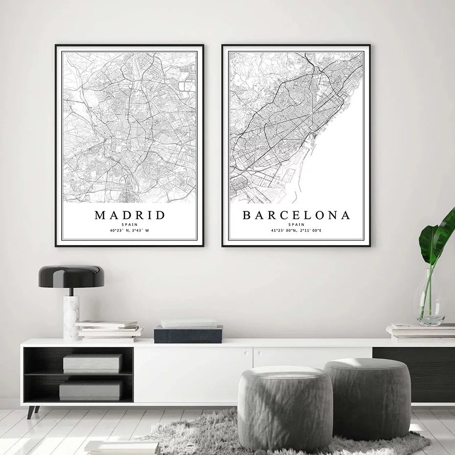 Spanish City Maps Black And White Birds Eye Canvas Print