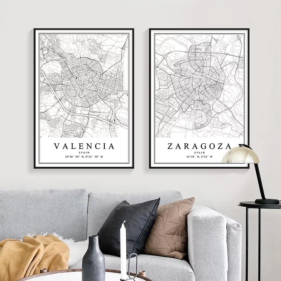 Spanish City Maps Black And White Birds Eye Canvas Print