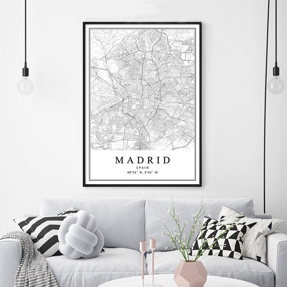 Spanish City Maps Black And White Birds Eye Canvas Print