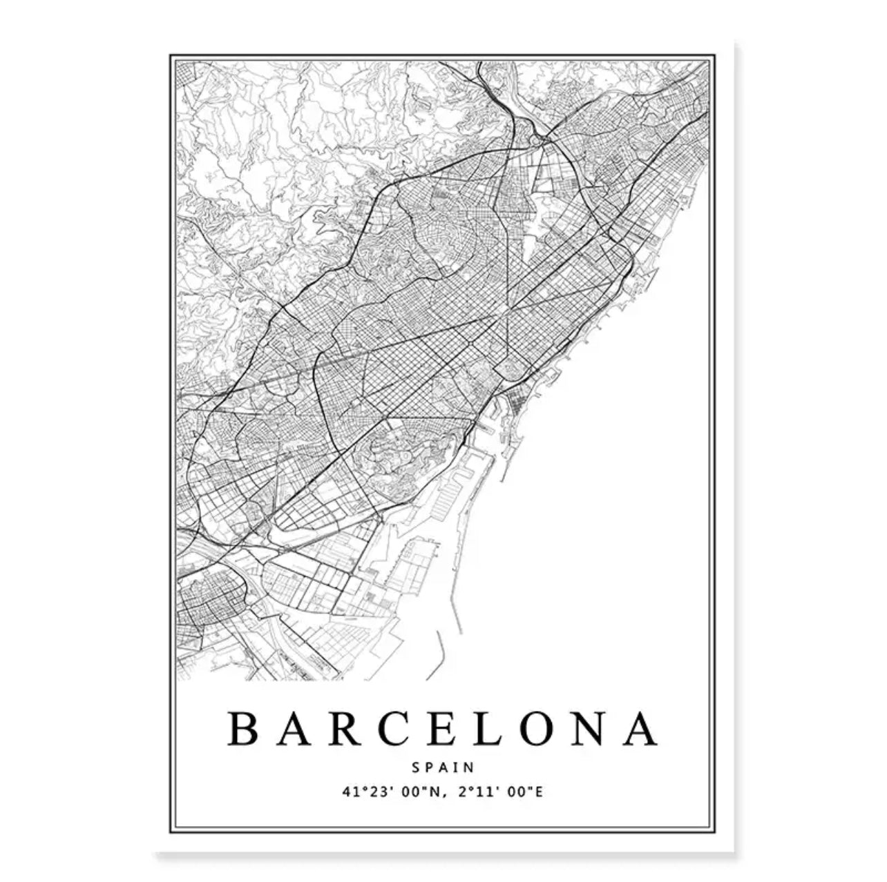 Spanish City Maps Black And White Birds Eye Canvas Print