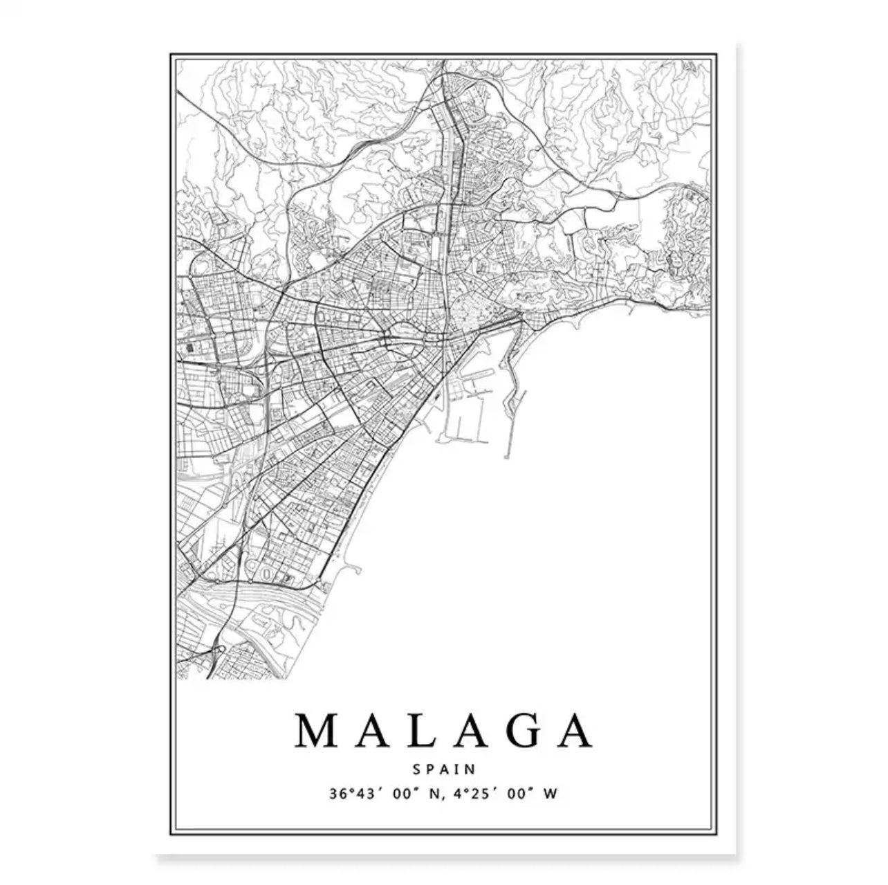 Spanish City Maps Black And White Birds Eye Canvas Print