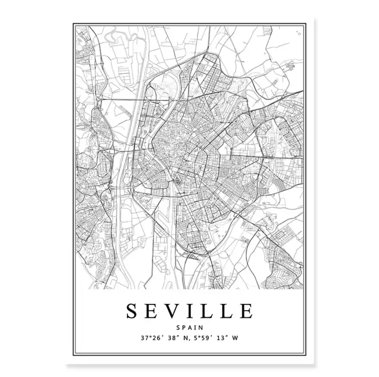 Spanish City Maps Black And White Birds Eye Canvas Print