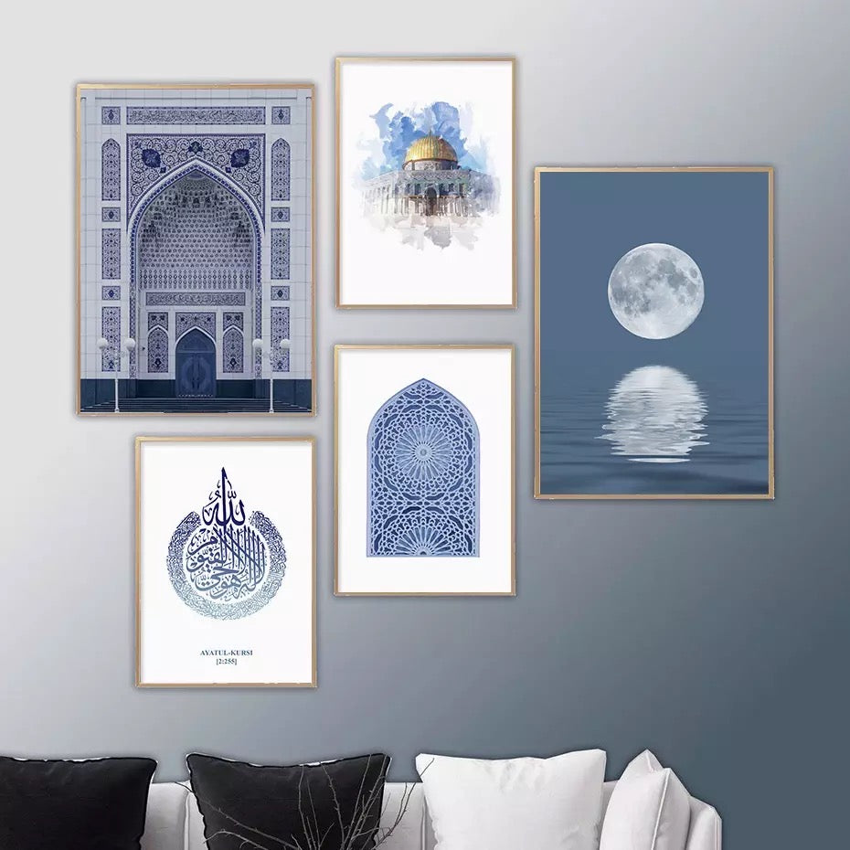 Blue Colour Themed Mosque Moon Islamic Calligraphy And Art Canvas Print