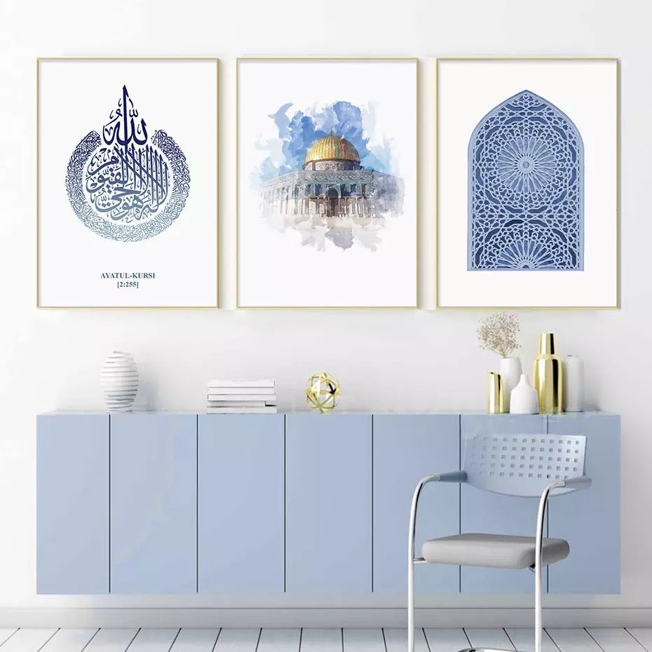 Blue Colour Themed Mosque Moon Islamic Calligraphy And Art Canvas Print