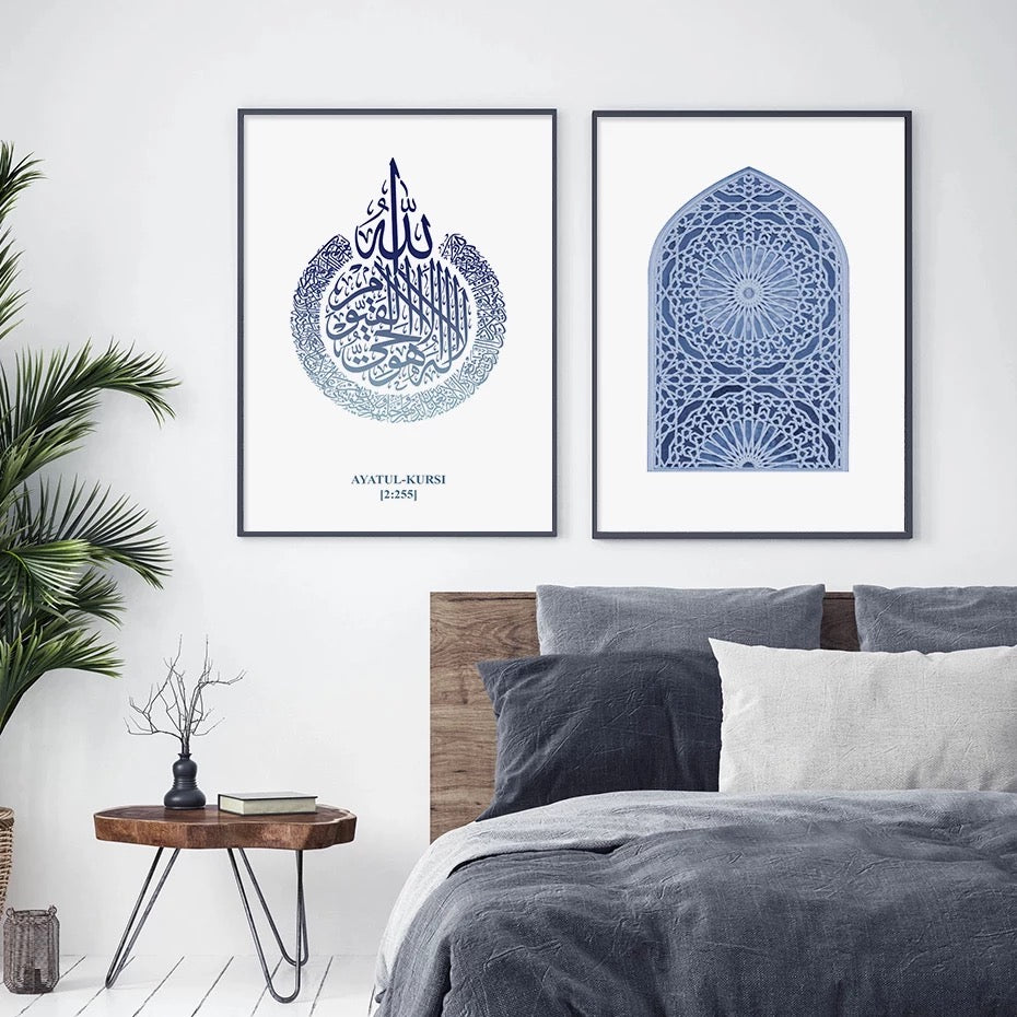 Blue Colour Themed Mosque Moon Islamic Calligraphy And Art Canvas Print