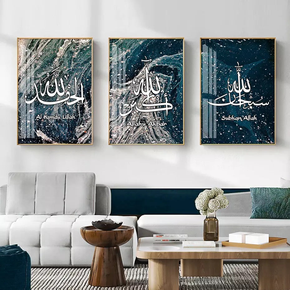 Water Waves With White Speckles And Islamic Calligraphy With English