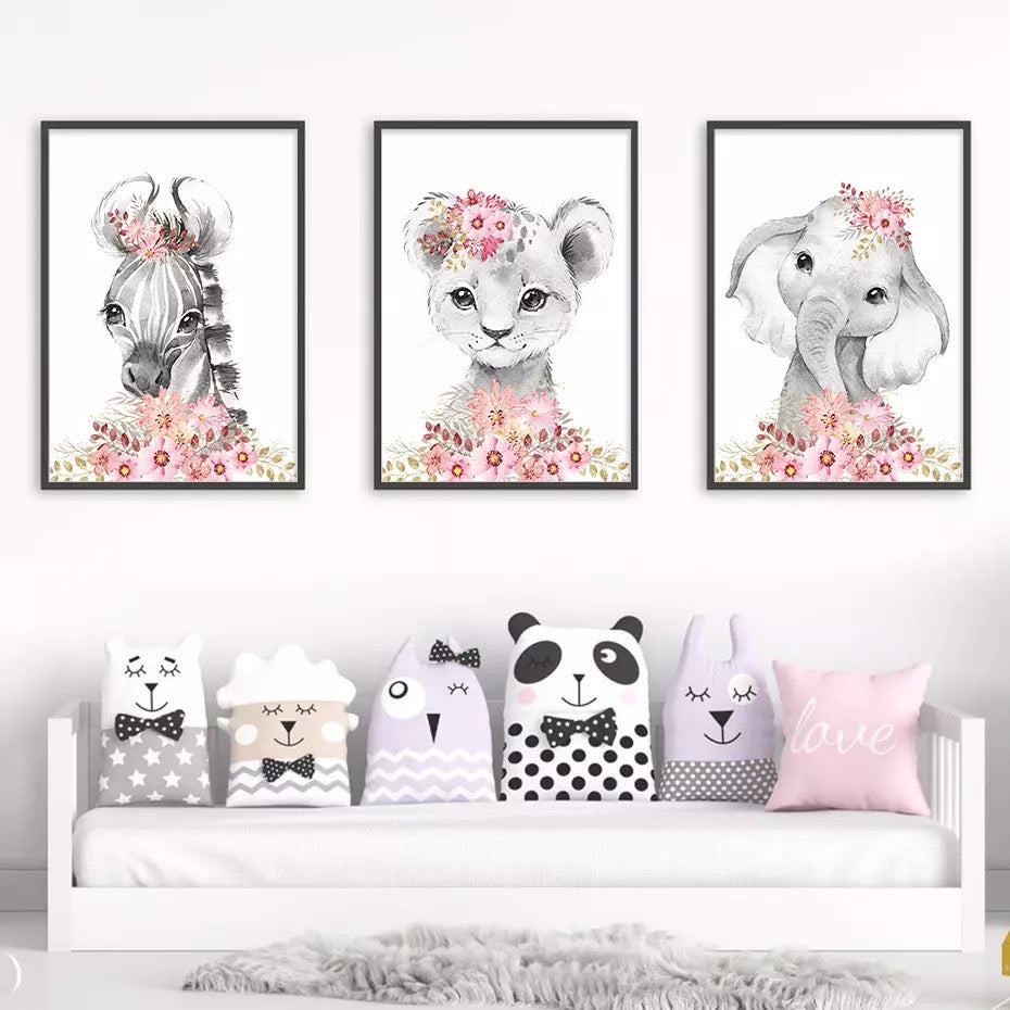 Pink Floral Nursery Portrait Cartoon Of Zoo Animals Canvas Prints