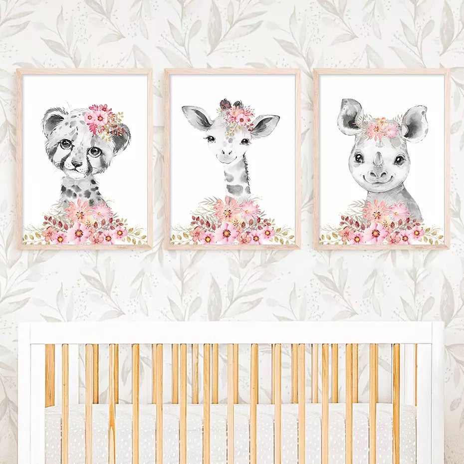 Pink Floral Nursery Portrait Cartoon Of Zoo Animals Canvas Prints