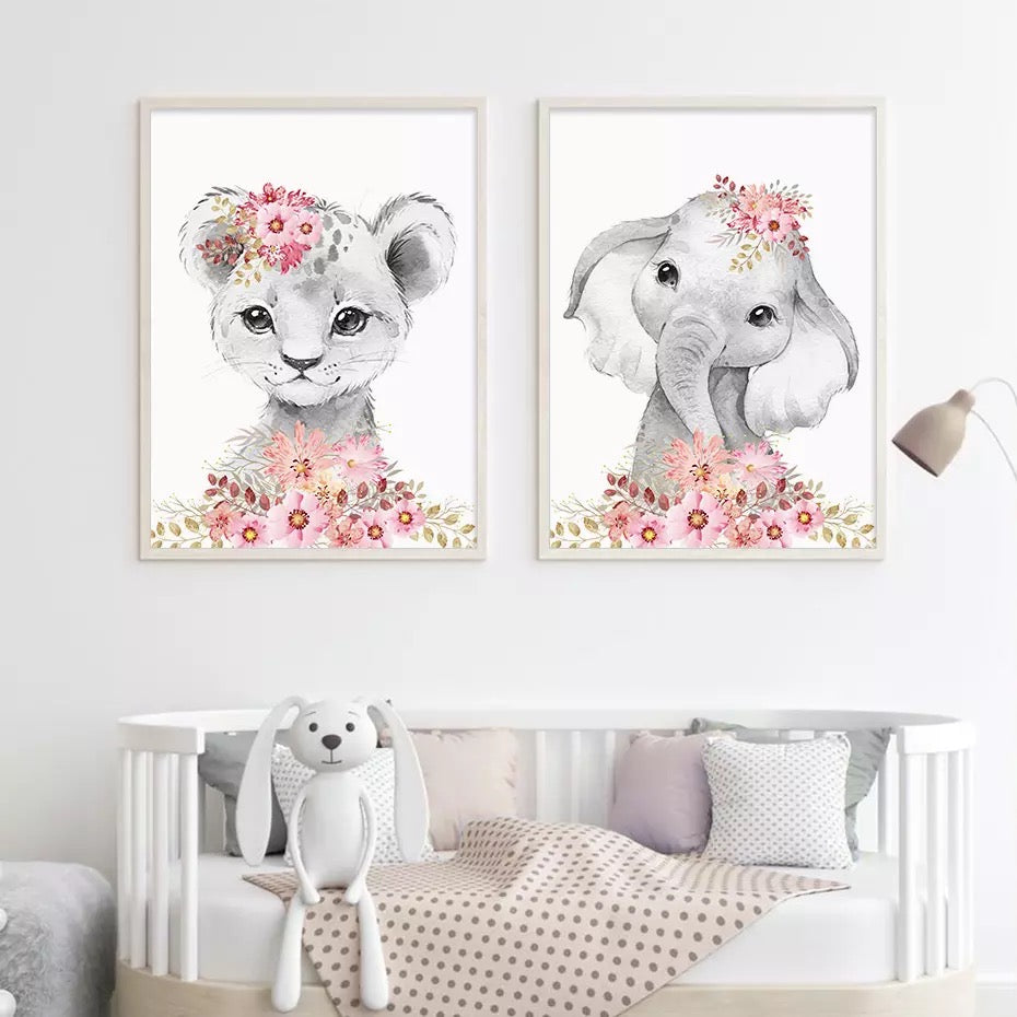 Pink Floral Nursery Portrait Cartoon Of Zoo Animals Canvas Prints