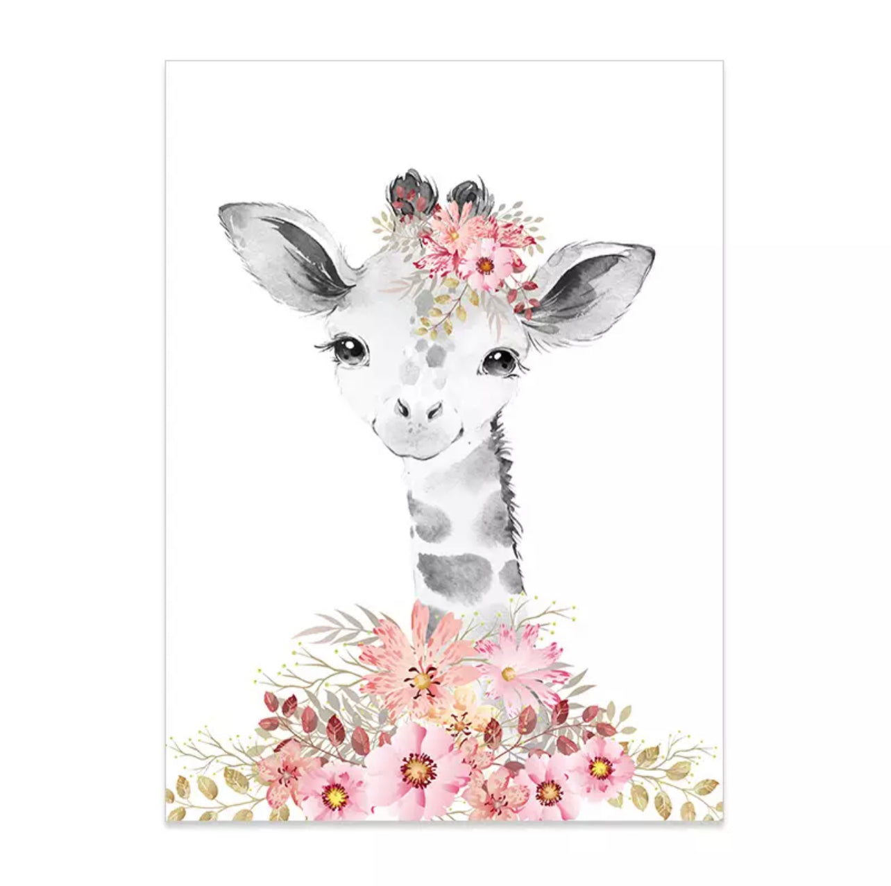 Pink Floral Nursery Portrait Cartoon Of Zoo Animals Canvas Prints