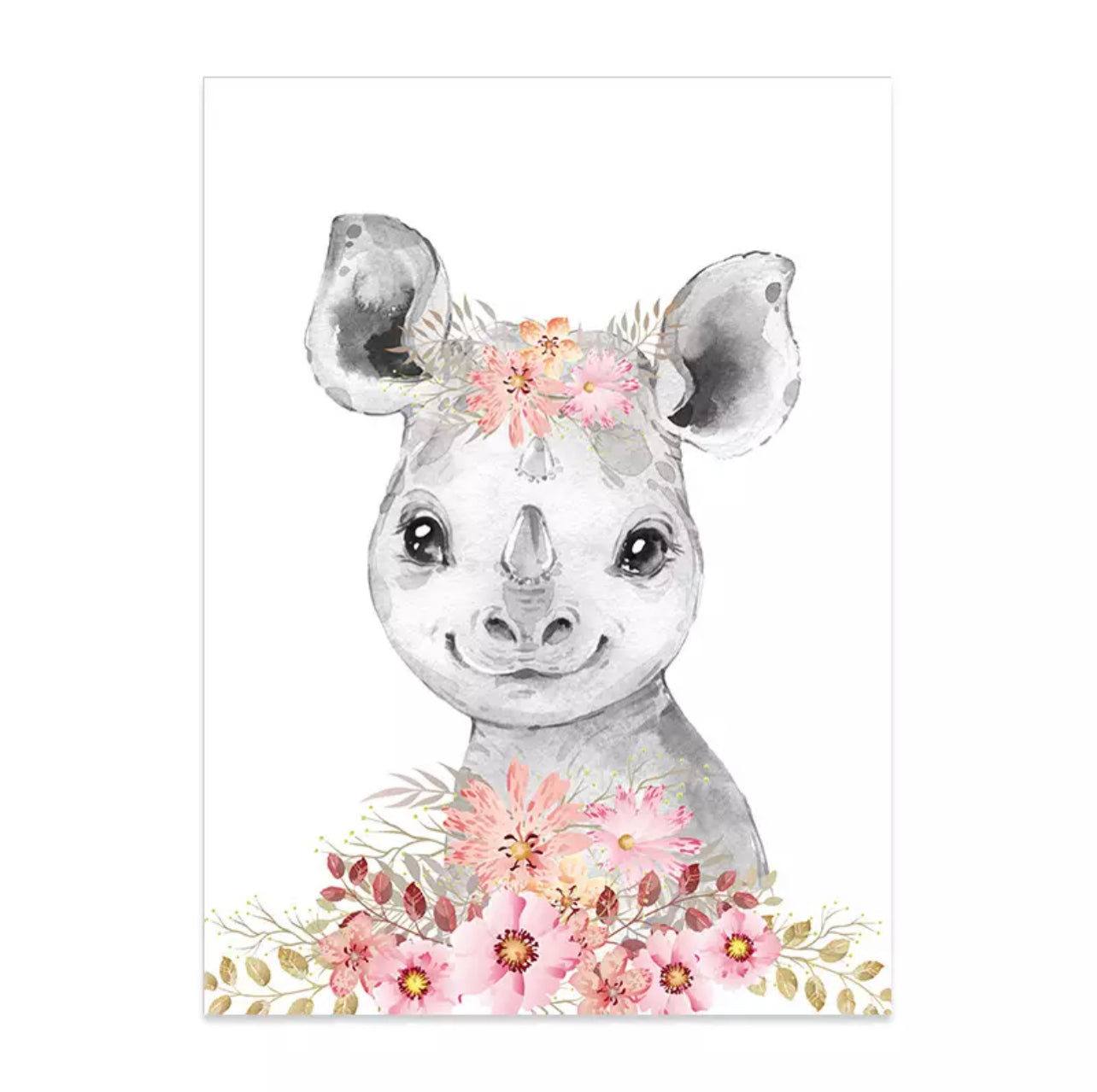 Pink Floral Nursery Portrait Cartoon Of Zoo Animals Canvas Prints