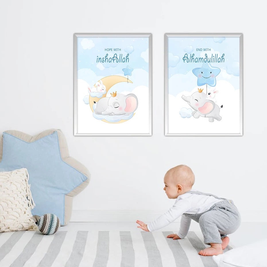 Blue Cartoon Nursery Kids Islamic Wall Art With Elephant