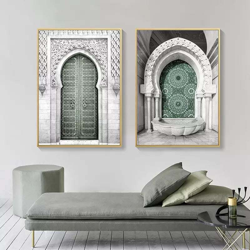 Green And Grey Modern Islamic Wall Art With Calligraphy And Arabic Architecture