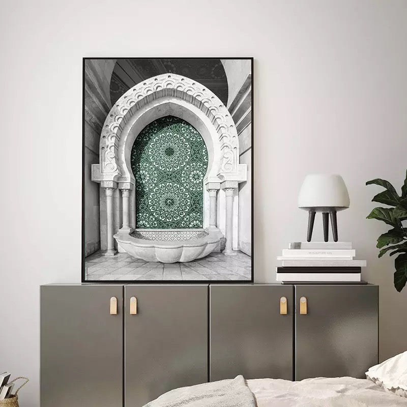 Green And Grey Modern Islamic Wall Art With Calligraphy And Arabic Architecture