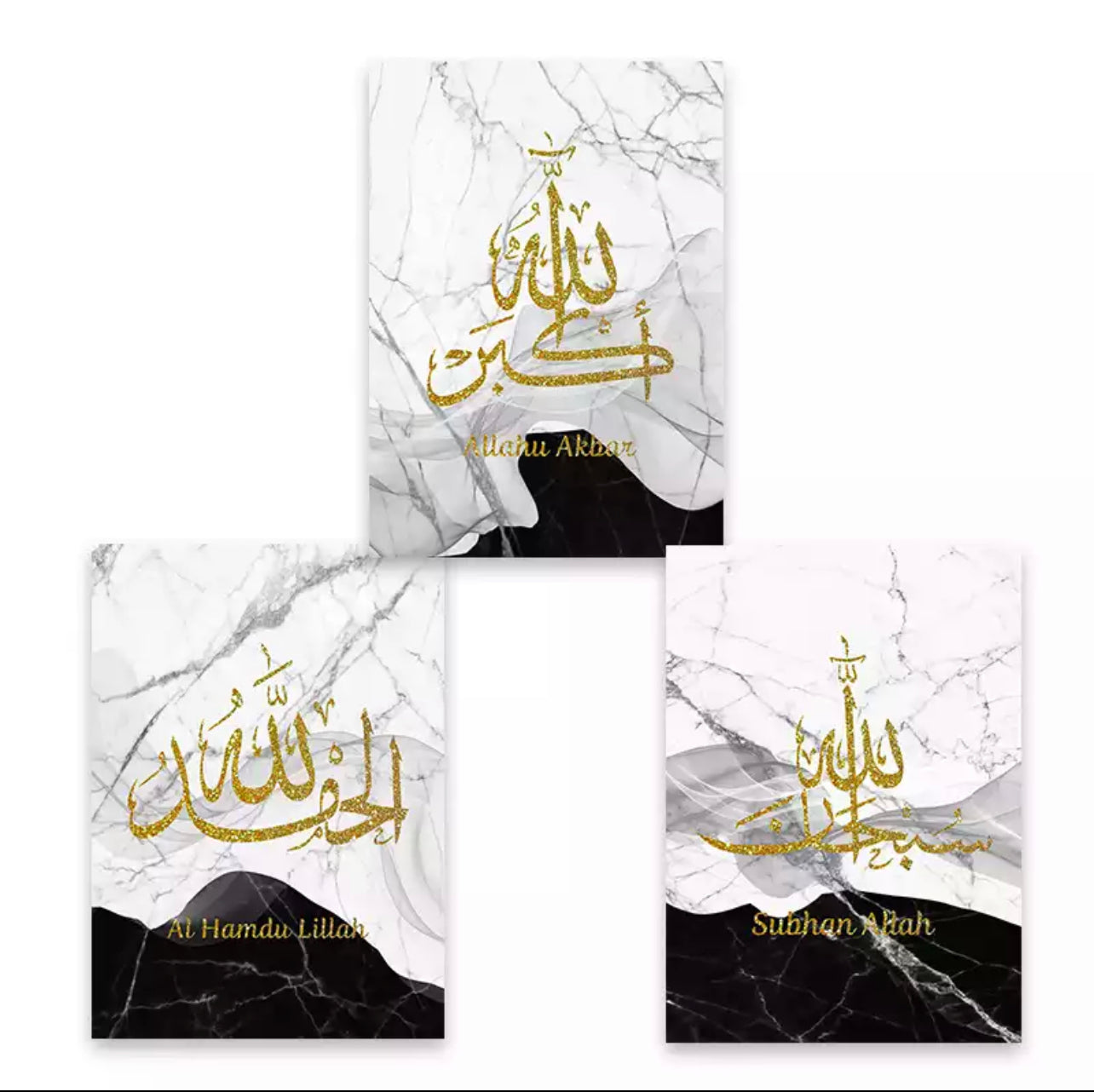 Gold Glitter Islamic Calligraphy With White And Black Marble Background